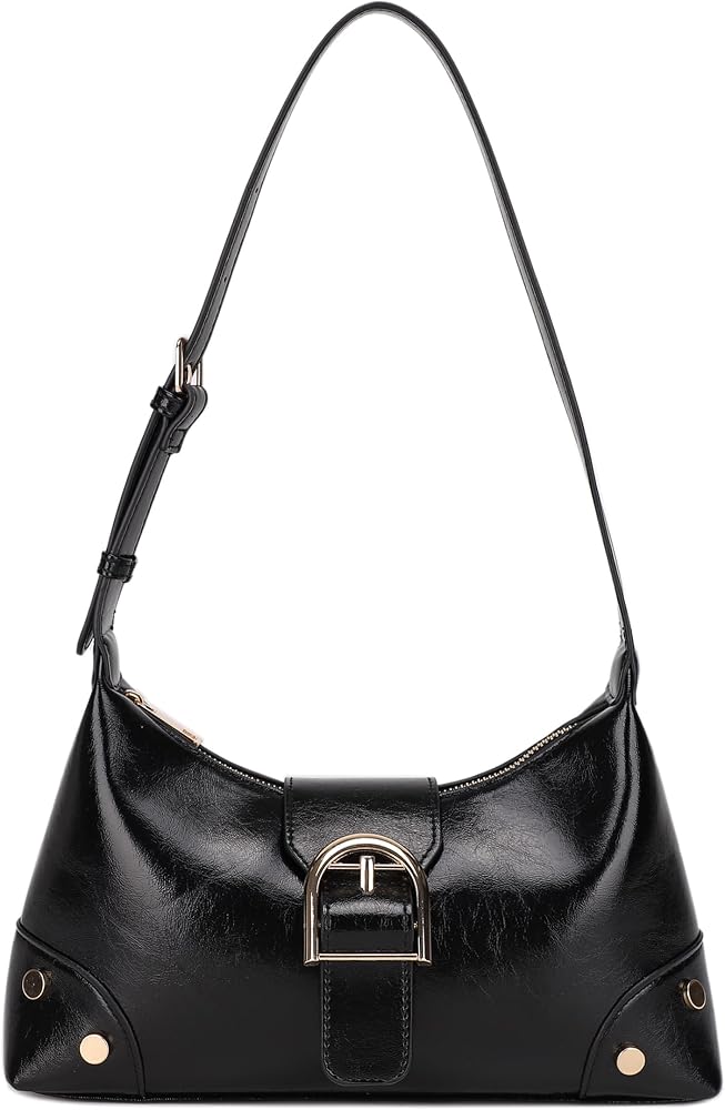 Belted Shoulder Bag, Trendy Vegan Leather Underarm Hobo Purse • Black