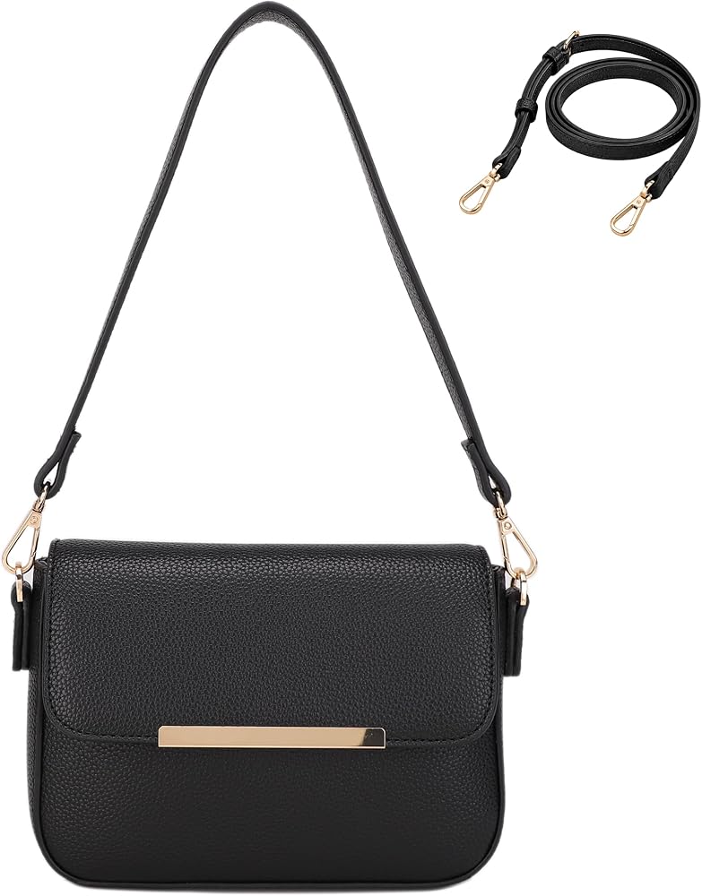 Small Leather Shoulder Bag, Trendy Flap Crossbody Purse • Black