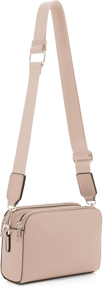 Triple Zip Small Crossbody Camera Bag with Wide Guitar Strap • Neutral